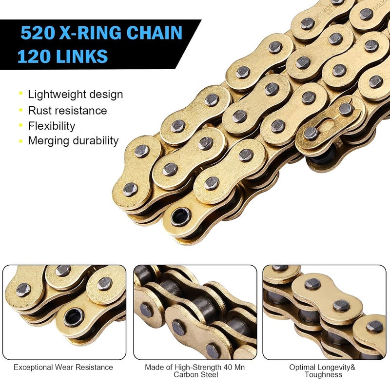 C-Tzu سلسلة دراجة نارية ذهبية 520 X-Ring 120 وصلة لهوندا وكاواساكي مع وصلة رئيسية متصلة - متانة محسّنة وتناسب عالمي - Image 5